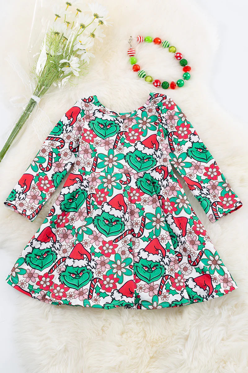 Green Grinch Floral Printed Dress