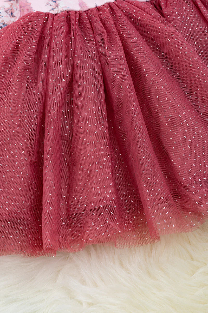 Pink Christmas Tree Printed Tulle Dress