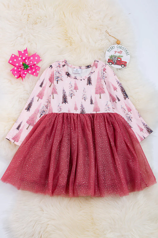 Pink Christmas Tree Printed Tulle Dress