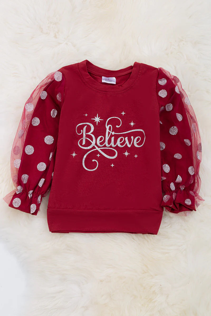 Believe Burgundy Bubble Sleeve Sweatshirt
